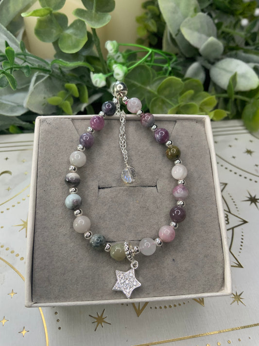 Watermelon Tourmaline star crystal bracelet