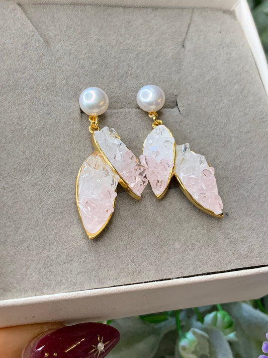Fish tail clear quartz/rose quartz crystal earrings