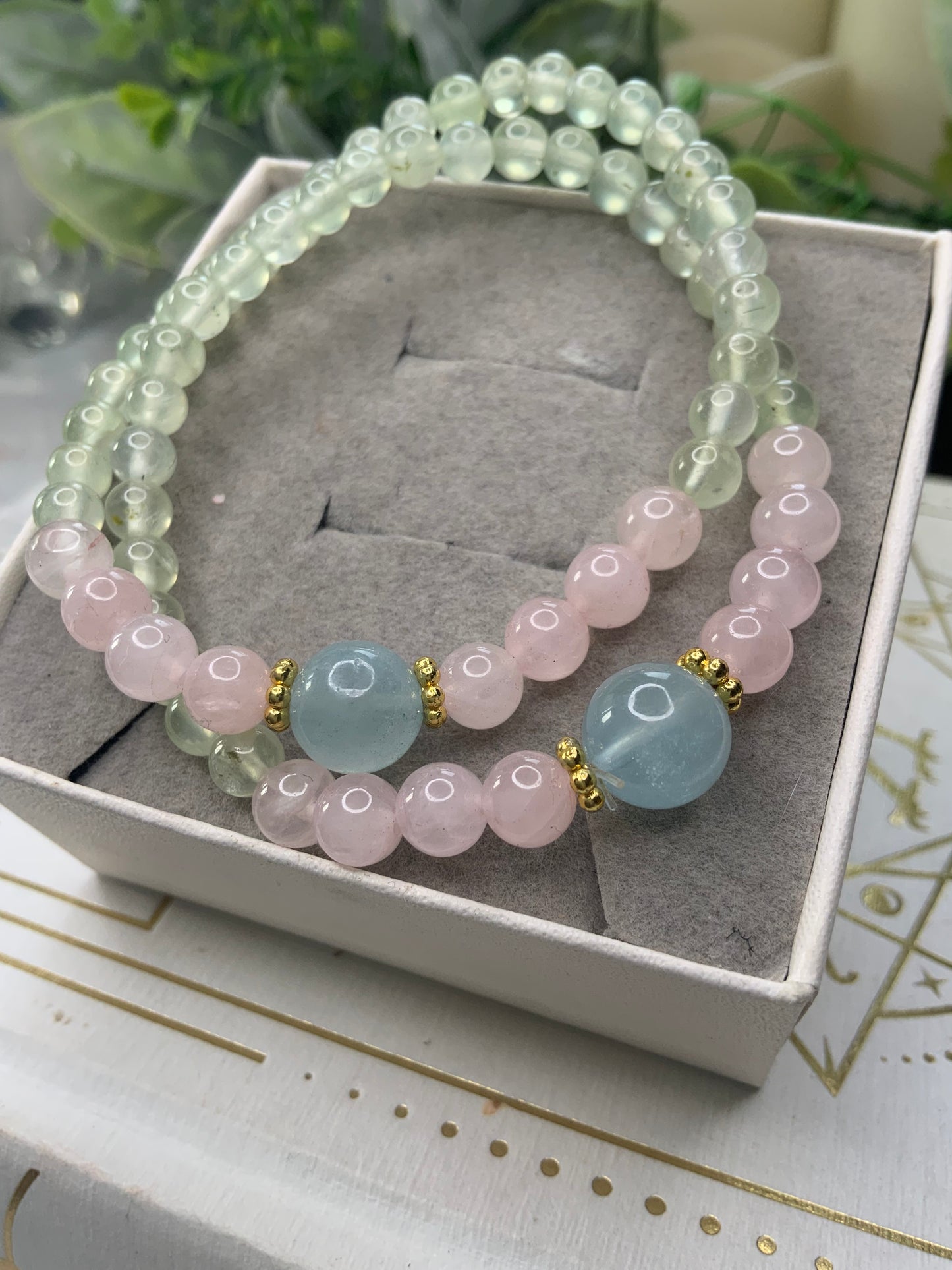 Prehnite/Rose Quartz/Aquamarine crystal bracelet