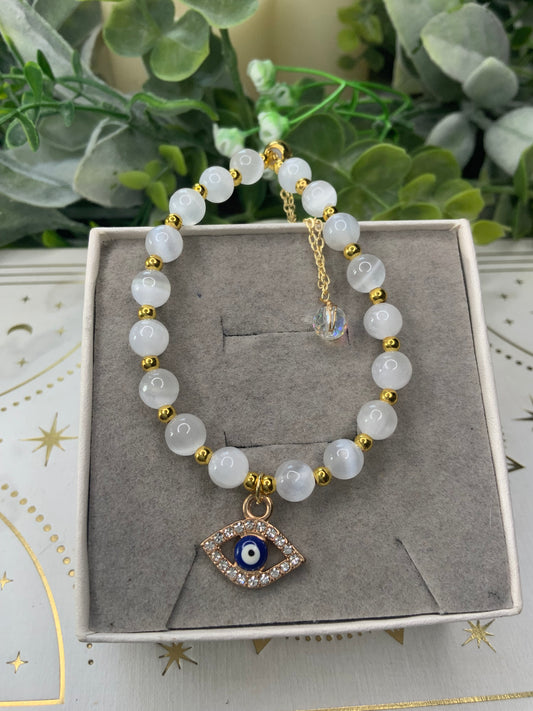 Selenite evil eye charm bracelet