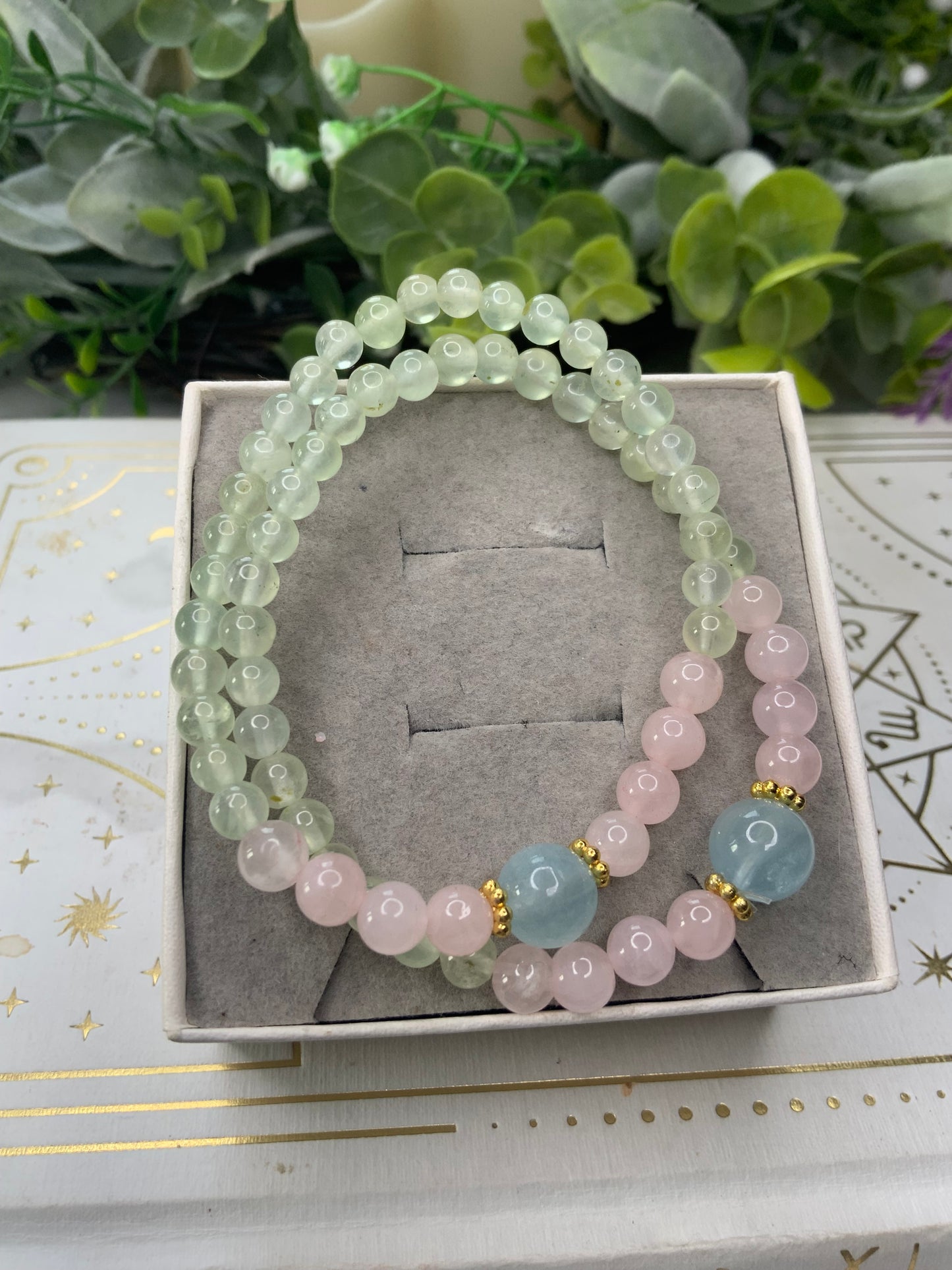 Prehnite/Rose Quartz/Aquamarine crystal bracelet