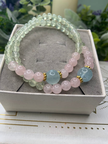 Prehnite/Rose Quartz/Aquamarine crystal bracelet