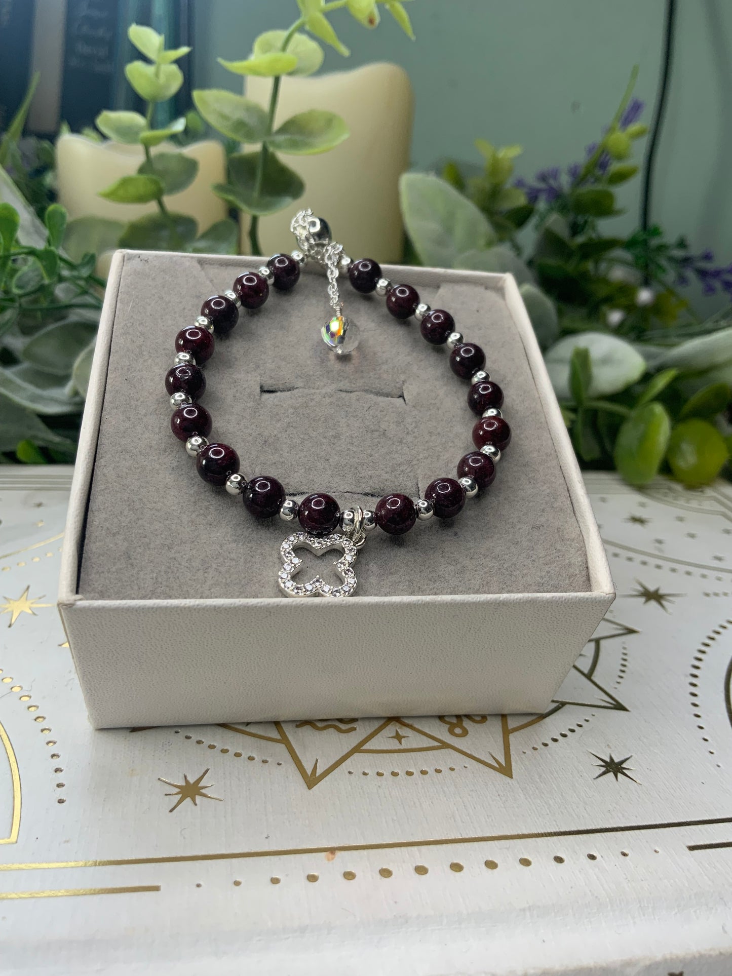 Garnet clover crystal bracelet