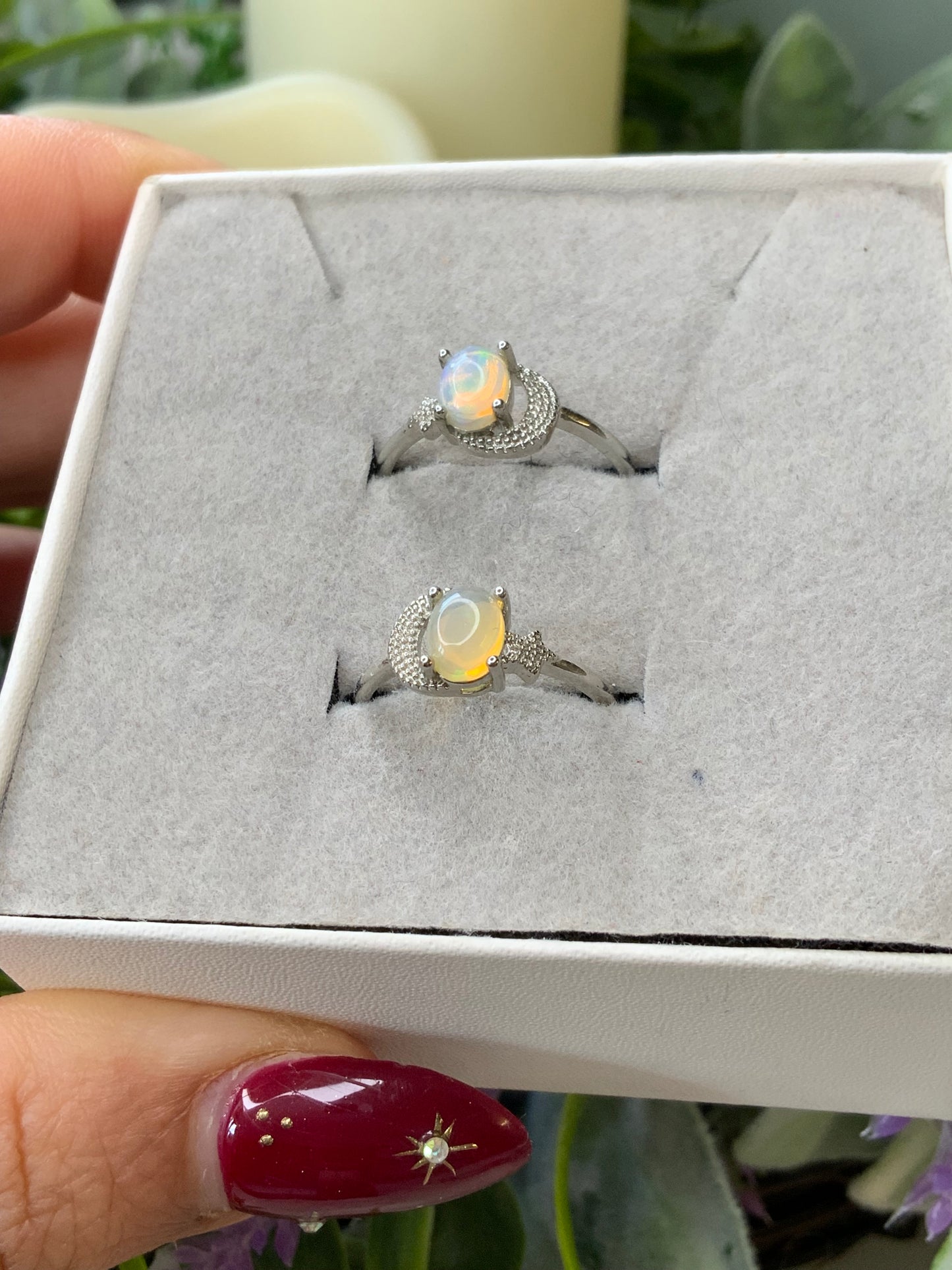 Opal moon and star ring