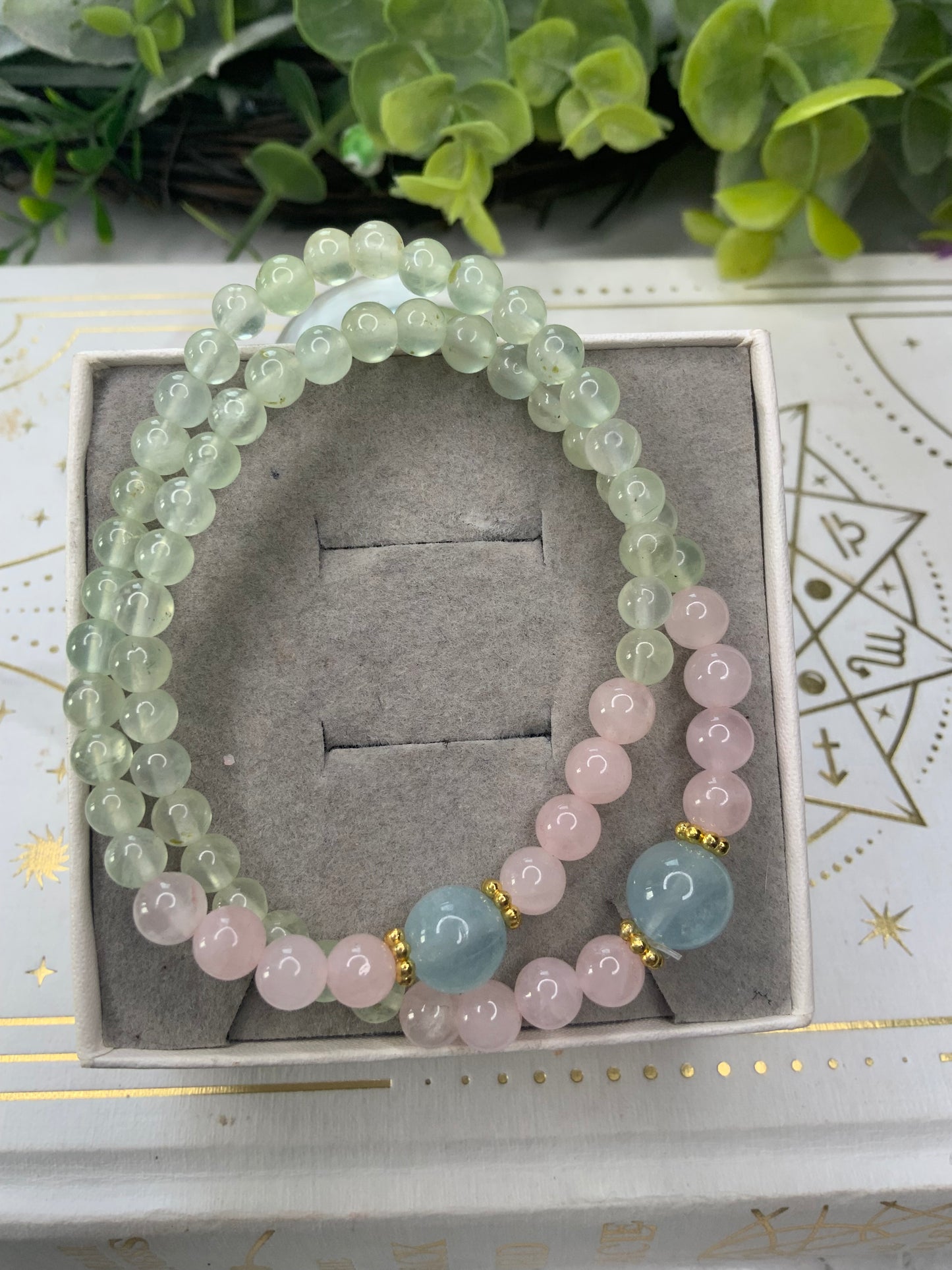 Prehnite/Rose Quartz/Aquamarine crystal bracelet