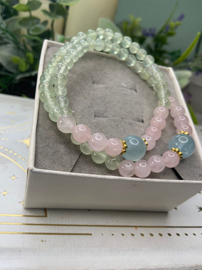 Prehnite/Rose Quartz/Aquamarine crystal bracelet