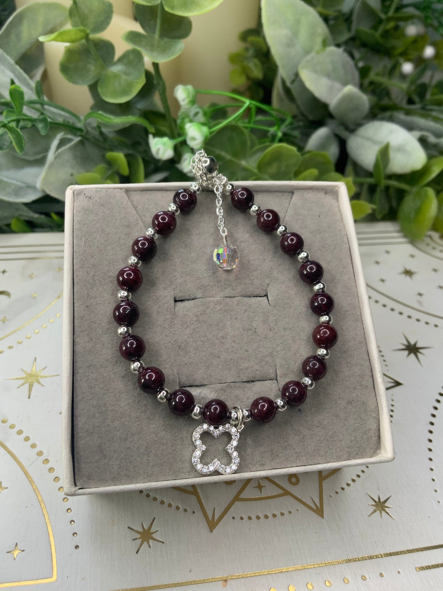 Garnet clover crystal bracelet