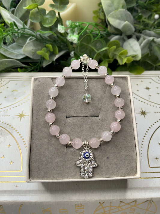 Rose Quartz hamsa hand crystal bracelet