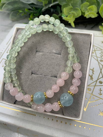 Prehnite/Rose Quartz/Aquamarine crystal bracelet